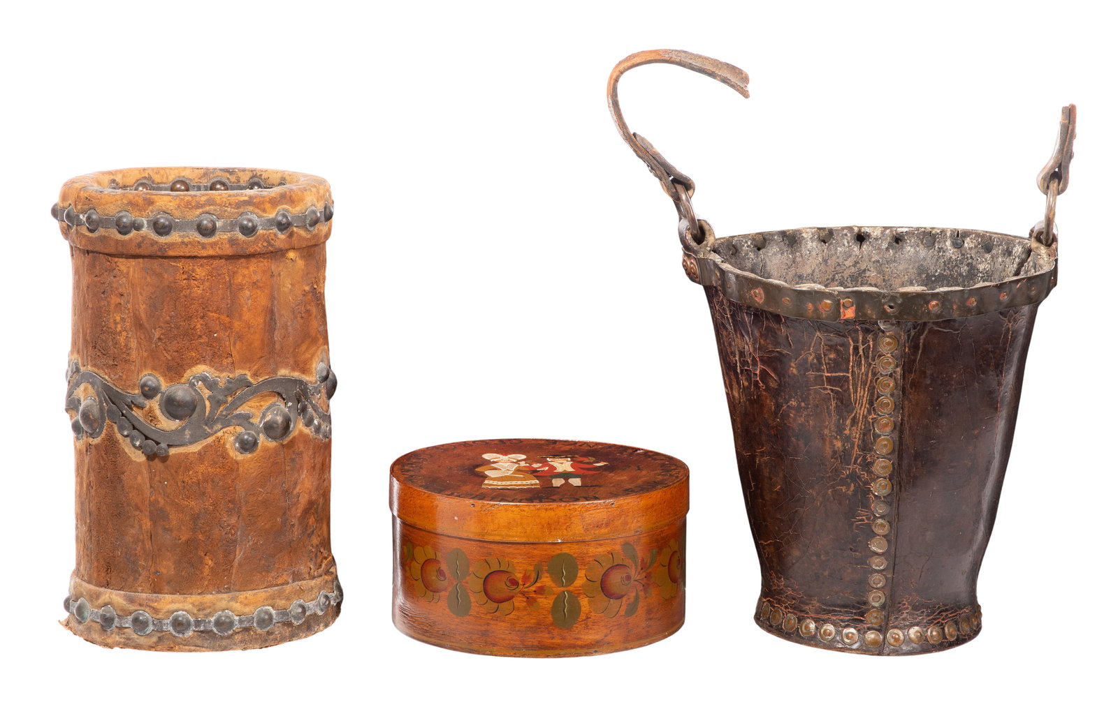 Leather Fire Bucket: Leather Fire Bucket (3) total items including a thick gauge leather formed into a bucket having iron stud rivets and strap handle; together with an umbrella stand / grain measure having a leather skin