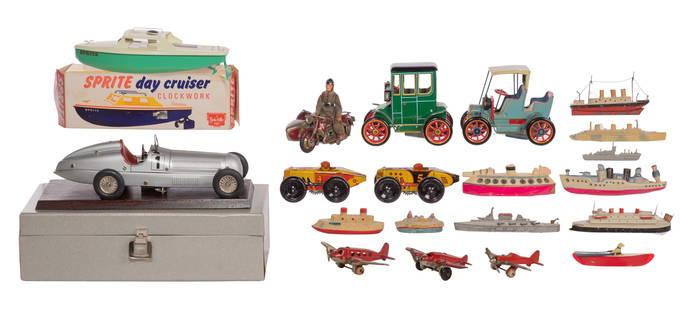 Wind Up Toy Vehicle Assortment: Wind Up Toy Vehicle Assortment (19) total items including a pre-war German Tippco TC 698 motorcycle having detachable sidecar and rider, (2) Marx race cars (#4 and #5) and (2) Japanese Modern Toys lev