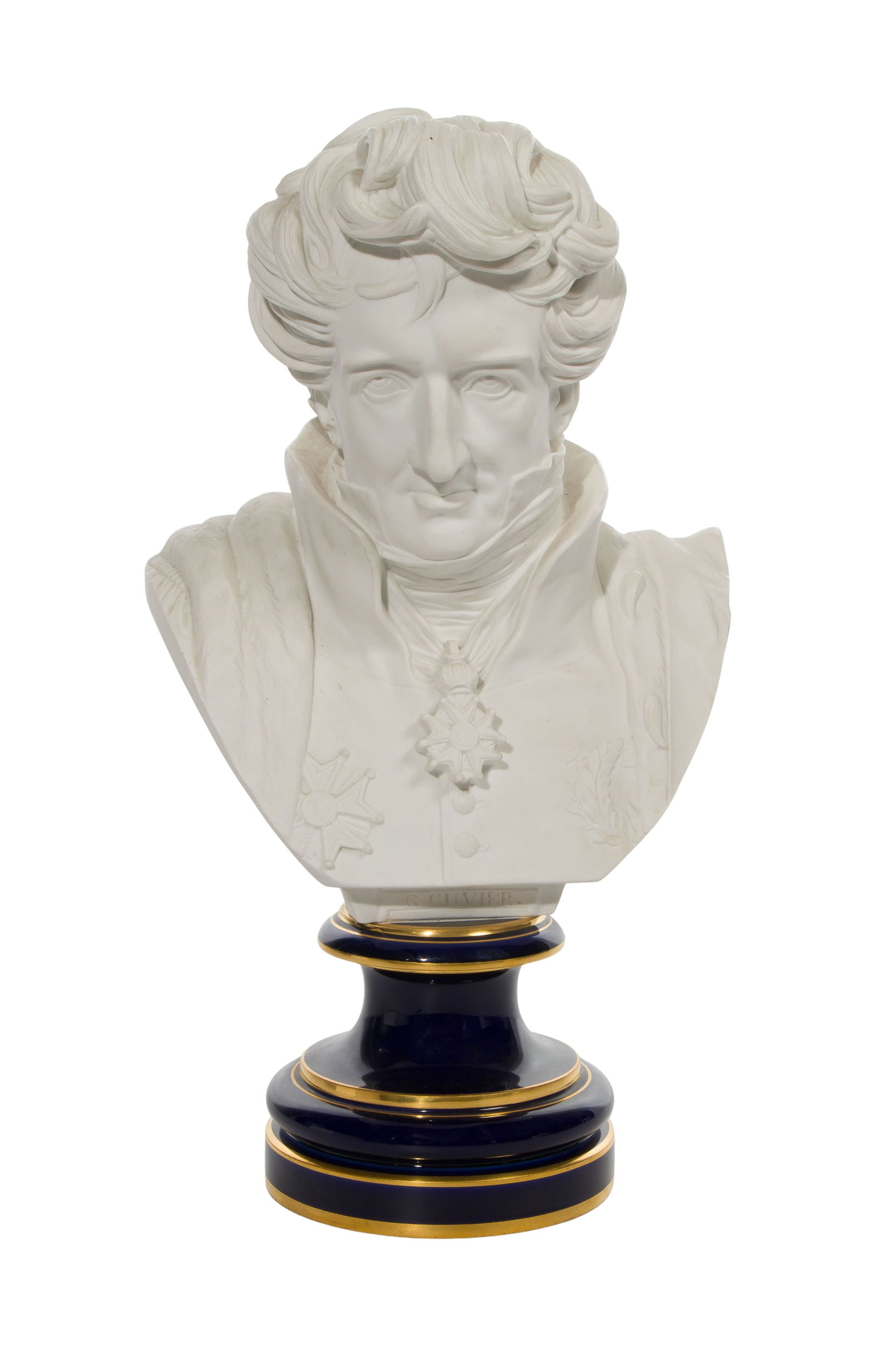 Sevres George Cuvier Porcelain Bust: Sevres George Cuvier Porcelain Bust A bisque bust set on a cobalt blue and gilt pedestal, marked on underside Property from: an Estate, Chicago (Pullman), Illinois Height: 13 1/2 inches, Width: 7 inch