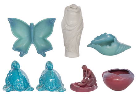 Van Briggle Pottery Assortment: Van Briggle Pottery Assortment (7) total items including a Lorelei vase, a conch shell vase, an acorn vase, a corn grinding Hopi maiden and a butterfly ash receptacle, all having incised marks undersi