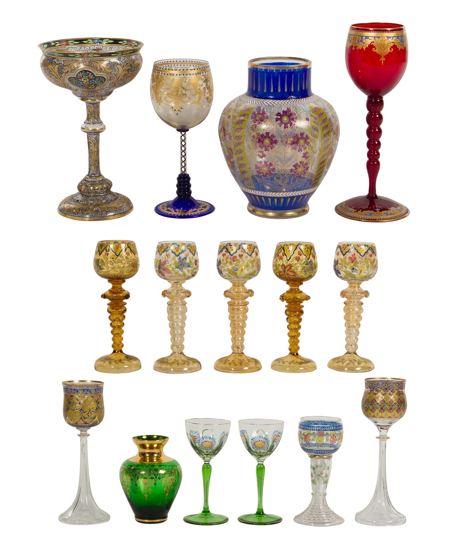 Art Glass Assortment: Art Glass Assortment (15) items including (12) enamel and gilt Roemer-style wine glasses attributed to Moser, a gilt and enamel vase signed 'Davis Collarmore & Co.', a green glass vase having gilt dec