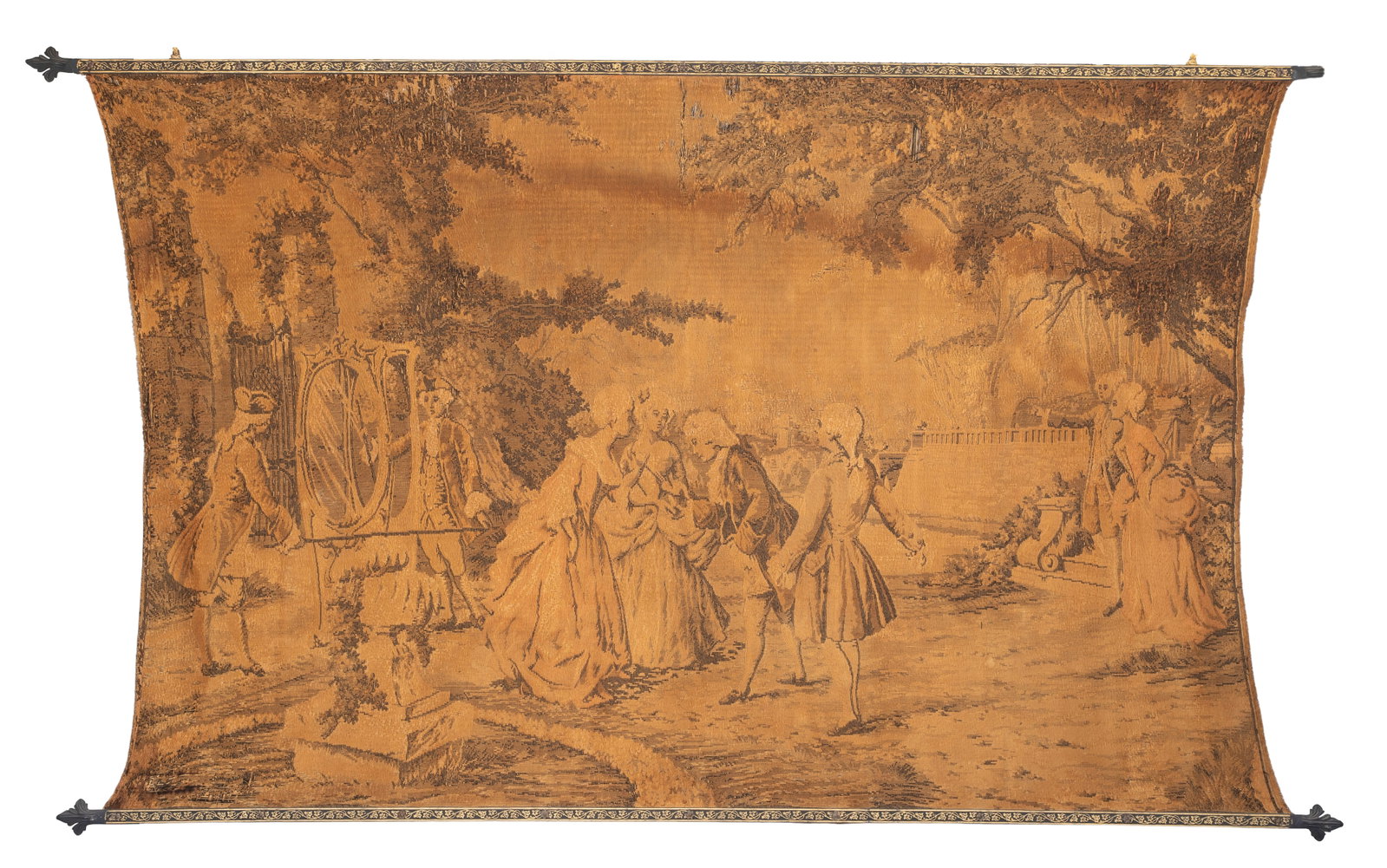 French Tapestry: French Tapestry A woven tapestry depicting a French court scene, having metal rods with fleur-de-lis finials Property from: an Estate, Chicago (Pullman), Illinois Length: 84 inches, Width: 48 inches C
