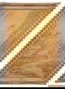 French Framed Tapestry: French Framed Tapestry Depicting a woman carrying a basket of fruit and a young goat herder amid nature, canvas lined and stretched, in a gold-tone gesso on carved wood frame Property from: an Estate,