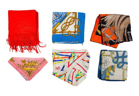 Hermes Scarf Assortment: Hermes Scarf Assortment (6) items of various shapes, sizes, fabrics and colors and a book of instructions, all retaining original labels some having boxes / sleeves Property from: a Private Collector,