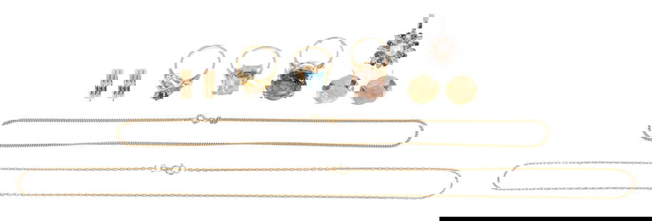 14k Gold Jewelry Assortment: 14k Gold Jewelry Assortment (8) items, (3) rings including an oval smokey quartz, a rectangular blue topaz and a blue sapphire accented with diamonds, (3) pairs of pierced earrings, (2) chain style ne