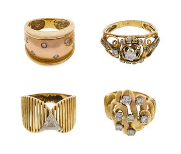 14k Yellow Gold and Diamond Ring Assortment: 14k Yellow Gold and Diamond Ring Assortment (4) items including a trillion cut diamond on a fluted band, a cluster style having seven round cut diamonds approximately 0.60 carat total weight, a bi-col