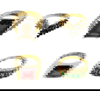 14k Yellow Gold and Color Gemstone Ring Assortment: 14k Yellow Gold and Color Gemstone Ring Assortment (4) items including a sapphire and diamond, an emerald and diamond, a rectangle garnet and an emerald cut citrine (all marked '14k') Property from: a