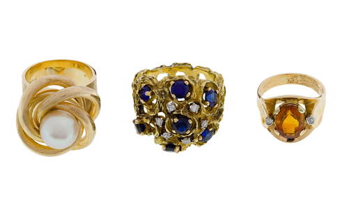 14k Yellow Gold and Gemstone / Pearl Ring Assortment: 14k Yellow Gold and Gemstone / Pearl Ring Assortment (3) items including a sapphire and diamond dome style, an oval citrine flanked by diamond accents and an approximately 8.5mm pearl in a nest style
