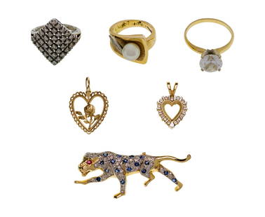 14k Yellow Gold and Gemstone / Pearl Jewelry Assortment: 14k Yellow Gold and Gemstone / Pearl Jewelry Assortment (6) items including a diamond accented square cluster style ring, an approximately 7mm pearl ring, a cubic zirconia solitaire ring, (2) pendants