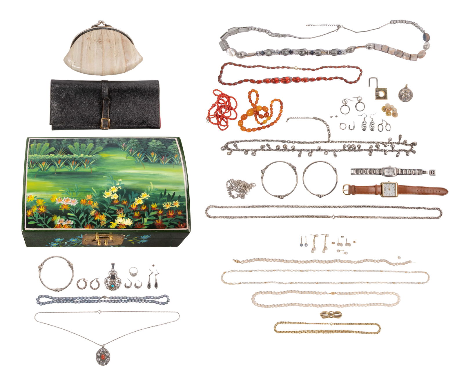 Gold, Silver and Costume Jewelry Assortment: Gold, Silver and Costume Jewelry Assortment Including (3) pearl necklaces, (4) pairs of pearl earrings, (3) backers (most marked '14k'), a graduated link necklace (unmarked 10K), a bow pin (marked '33