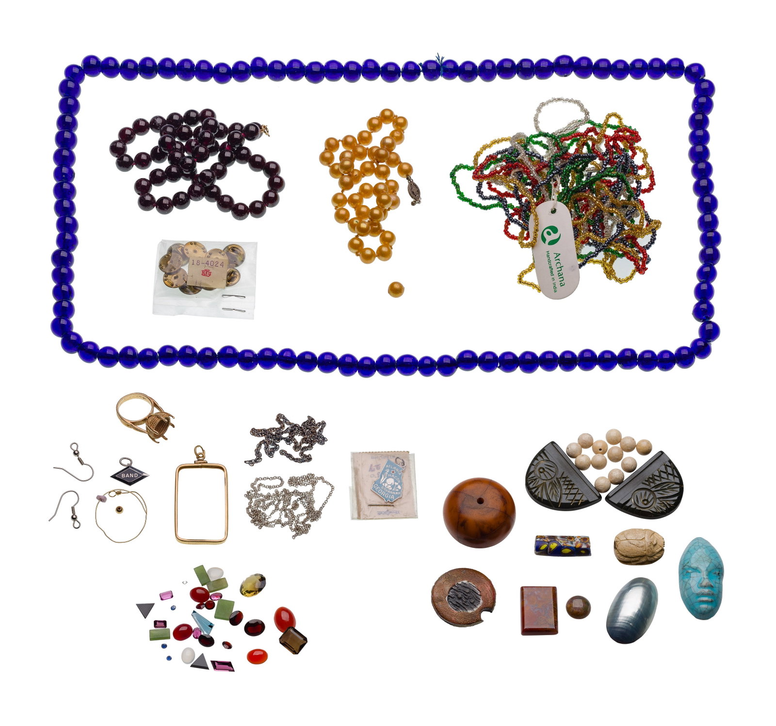 14k Gold, Sterling Silver and Costume Jewelry Assortment: 14k Gold, Sterling Silver and Costume Jewelry Assortment Including a ring setting and a pendant bezel (marked '14k'), a chain necklace, a pendant and some jewelry findings (most marked '925' / 'sterli