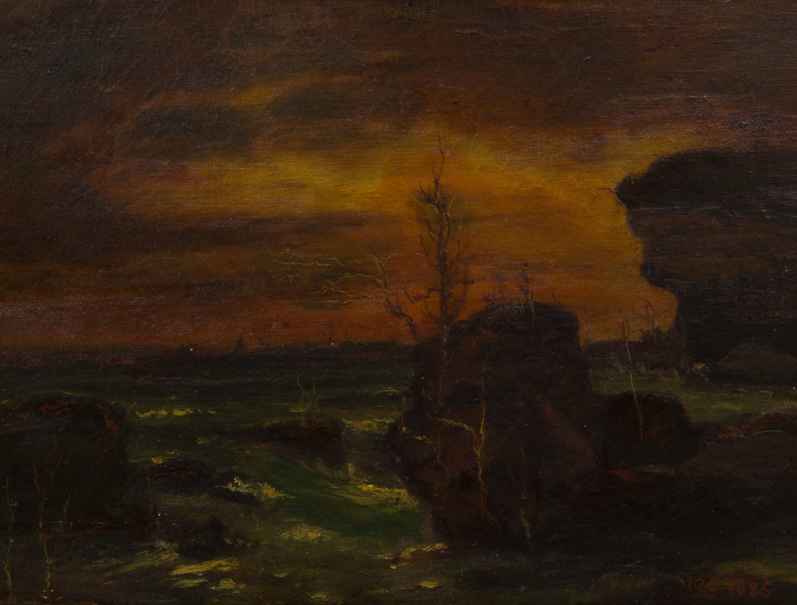 Unknown Artist (19th Century) Oil on Board: Unknown Artist (19th Century) Oil on Board 1885, indistinctly signed lower right, depicting a rocky shoreline at dusk, in a gold-tone gesso on wood frame Property from: an Estate, Chicago (Pullman), I
