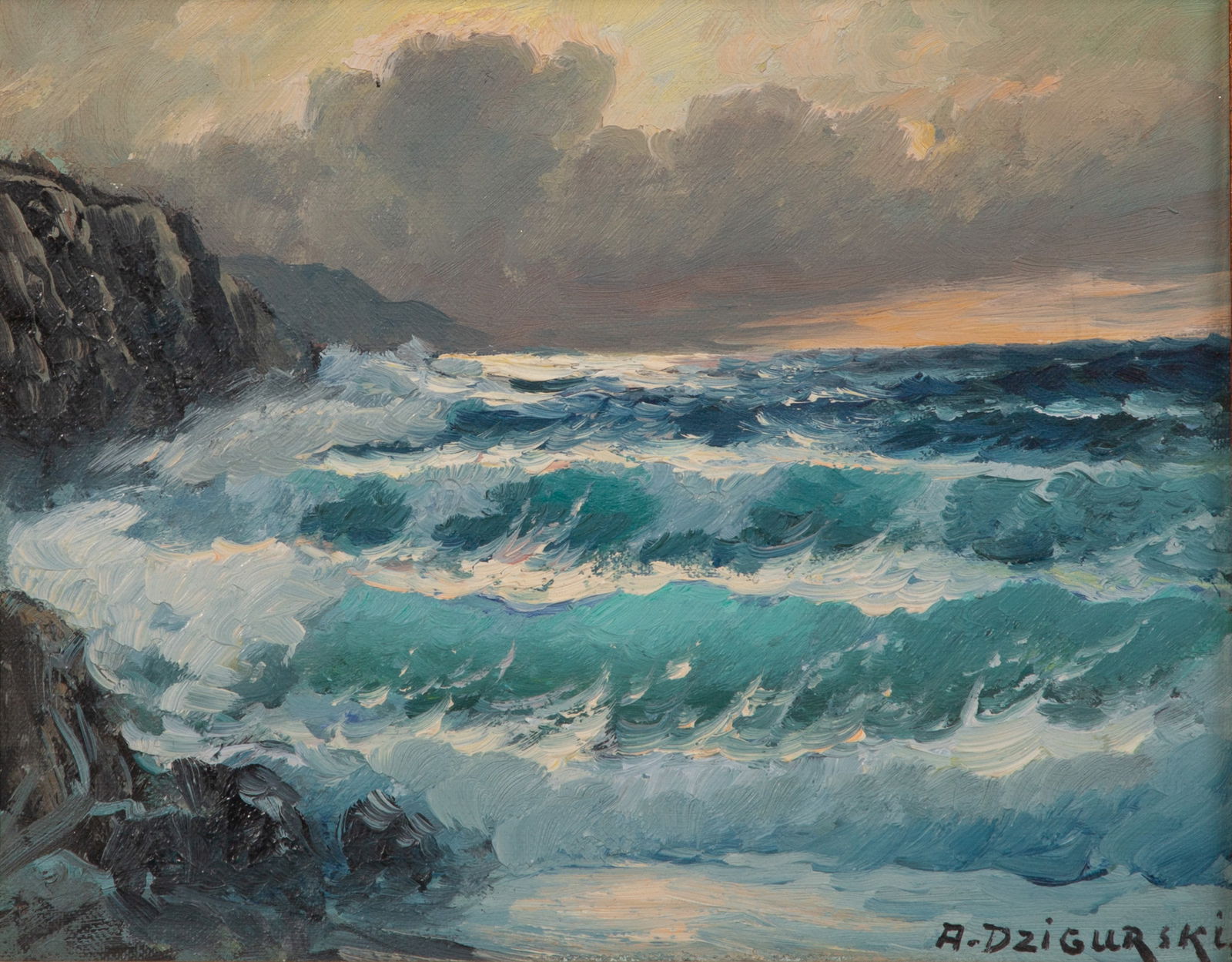 Alexander Dzigurski (American, 1911-1995) Oil on Board: Alexander Dzigurski (American, 1911-1995) Oil on Board (2) total items including an undated, signed lower right seascape, in a painted fabric lined gilt wood frame; together with a John Worthington Ma