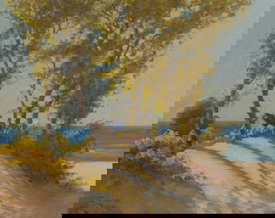 Joseph Tomanek (American, 1889-1974) Oil on Board: Joseph Tomanek (American, 1889-1974) Oil on Board Undated, signed lower left, depicting a beach landscape having dunes, trees and the roof top of a house, in a linen lined wood frame Property from: a