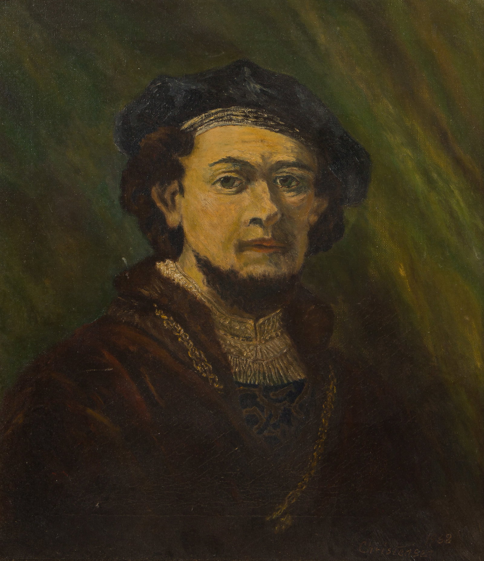 Christensen (Dutch, 20th Century) Oil on Canvas: Christensen (Dutch, 20th Century) Oil on Canvas 1962, signed lower right, an artist depiction of Rembrandt, as annotated on stretcher verso, in a painted gold-tone wood frame Property from: a Private 