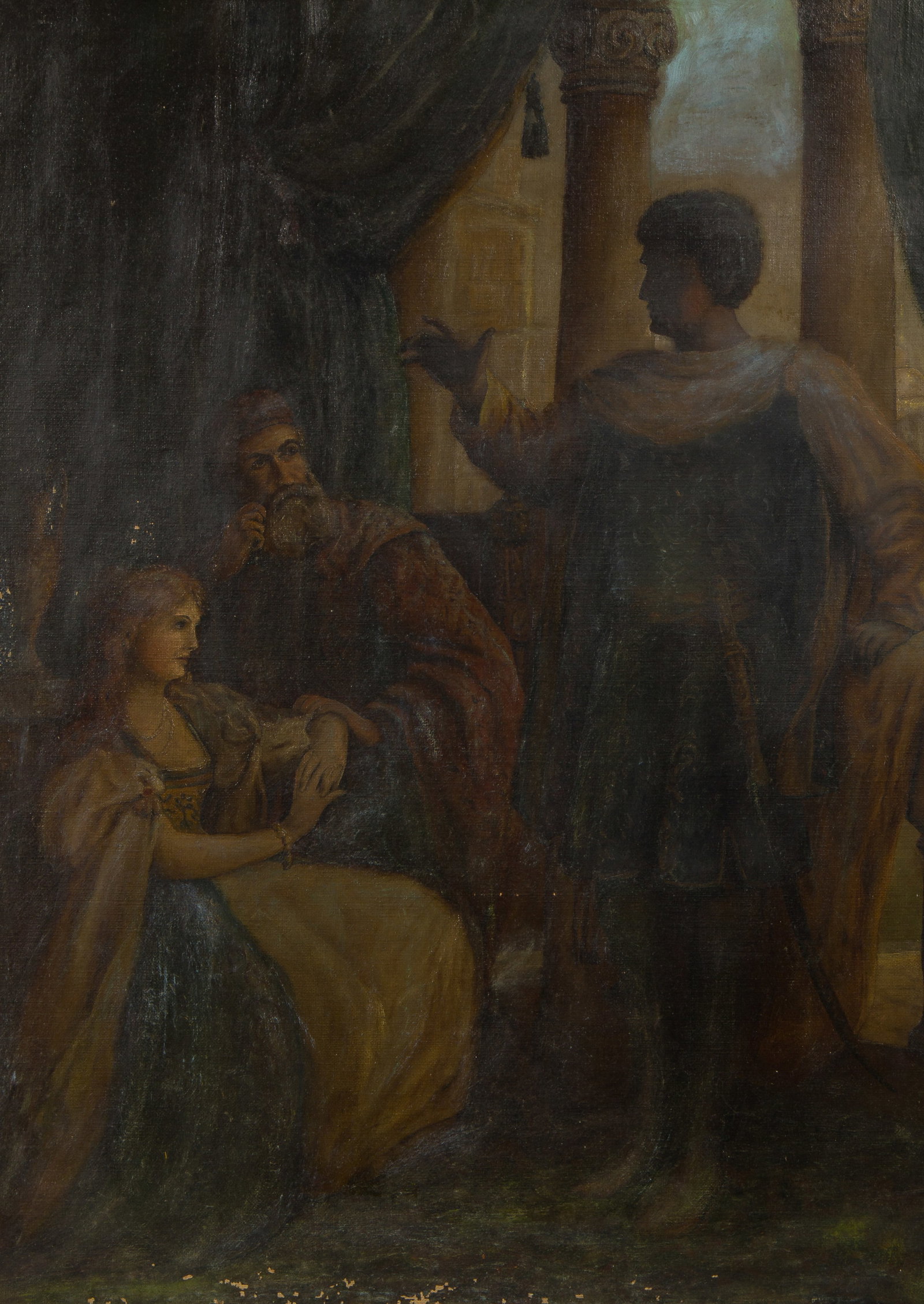 Unknown Artist (19th Century) Oil on Canvas: Unknown Artist (19th Century) Oil on Canvas Undated, illegibly signed lower right, depicting a young man speaking to a seated woman and man, in a gesso on wood frame Property from: a Private Collector