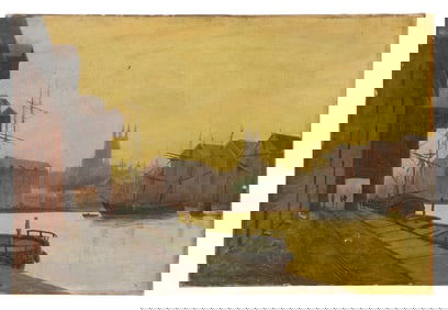 Attributed to John Atkinson Grimshaw (British, 1836-1893) 'Gloucester Dock' Oil on Canvas