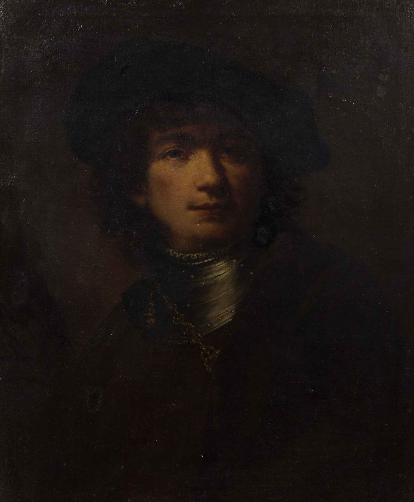 After Rembrandt van Rijn (Dutch, 1606-1669) Oil on Canvas: After Rembrandt van Rijn (Dutch, 1606-1669) Oil on Canvas Undated, unsigned, a depiction of a Rembrandt self-portrait, in a gilt wood frame Property from: a Private Collector, Lake Zurich, Illinois He