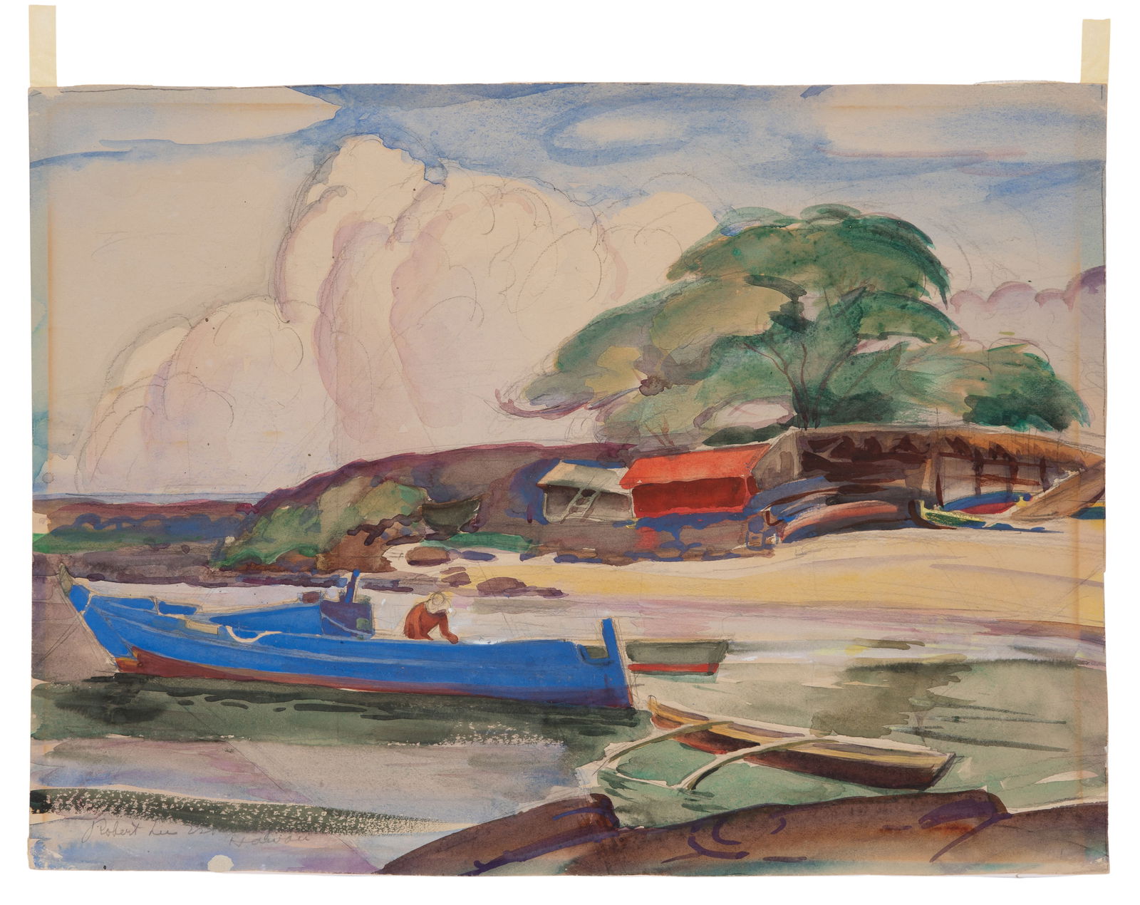 Robert Lee Eskridge (American, 1891-1975) 'Hawaii' Watercolor on Paper: Robert Lee Eskridge (American, 1891-1975) 'Hawaii' Watercolor on Paper Undated, signed and titled lower left, depicting a shore scene in vivid colors, matted under glass in a wood frame Property from: