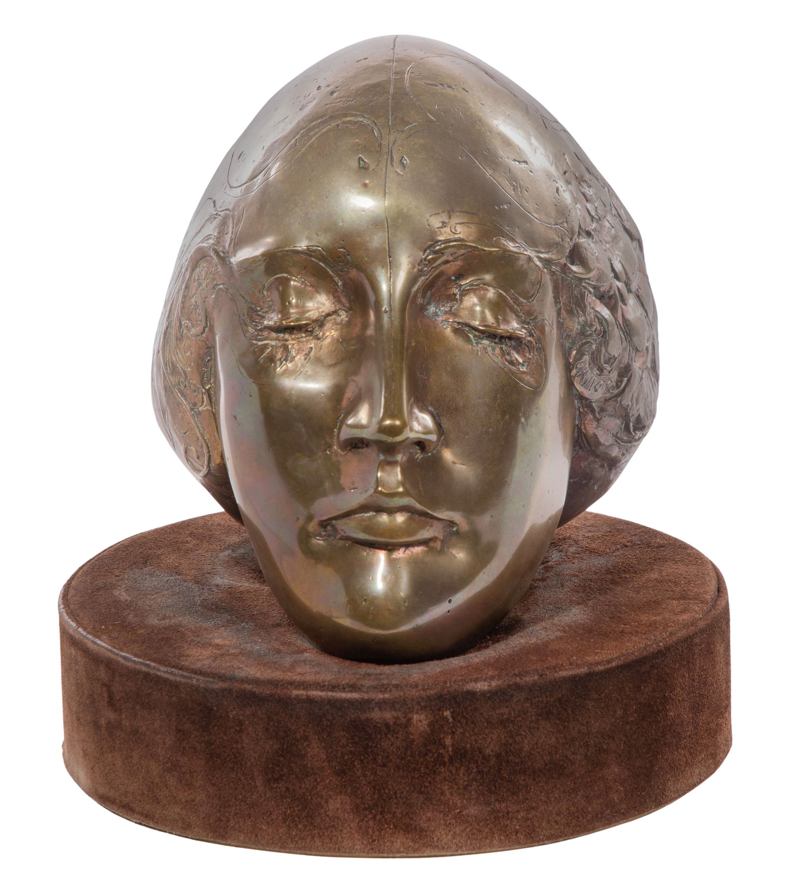 Frank Gallo (American, 1933-2019) 'The Dreamer' Bronze Sculpture: Frank Gallo (American, 1933-2019) 'The Dreamer' Bronze Sculpture 1972, signed on right side, titled inside base, a bust on a fitted suede round acrylic base, depicting a person sleeping Property from: