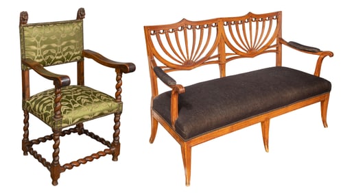 Hepplewhite Settee and Jacobean Carved Armchair