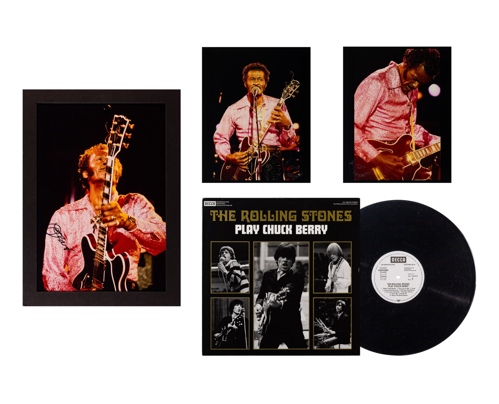 Robert Matheu (American, 1955-2018) Chuck Berry Photograph Assortment: Robert Matheu (American, 1955-2018) Chuck Berry Photograph Assortment (4) total items including a color autographed photograph having COA #AC87709 and hologram from Beckett as well as (2) color photog
