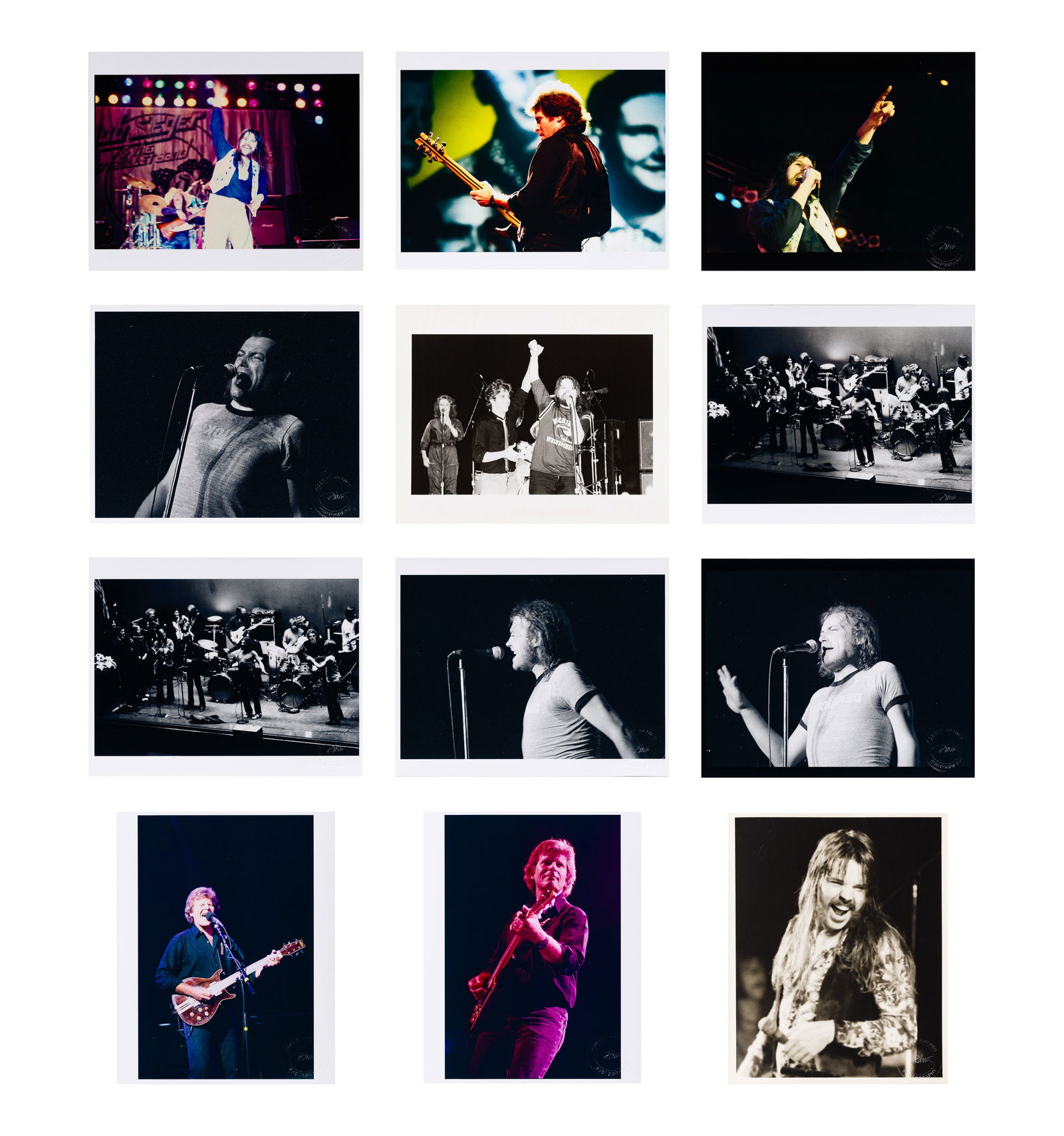 Robert Matheu (American, 1955-2018) Photograph Assortment: Robert Matheu (American, 1955-2018) Photograph Assortment (12) black and white / color images including (5) of Joe Cocker performing, (3) of John Fogerty, all having photographer blind stamp and (4) B