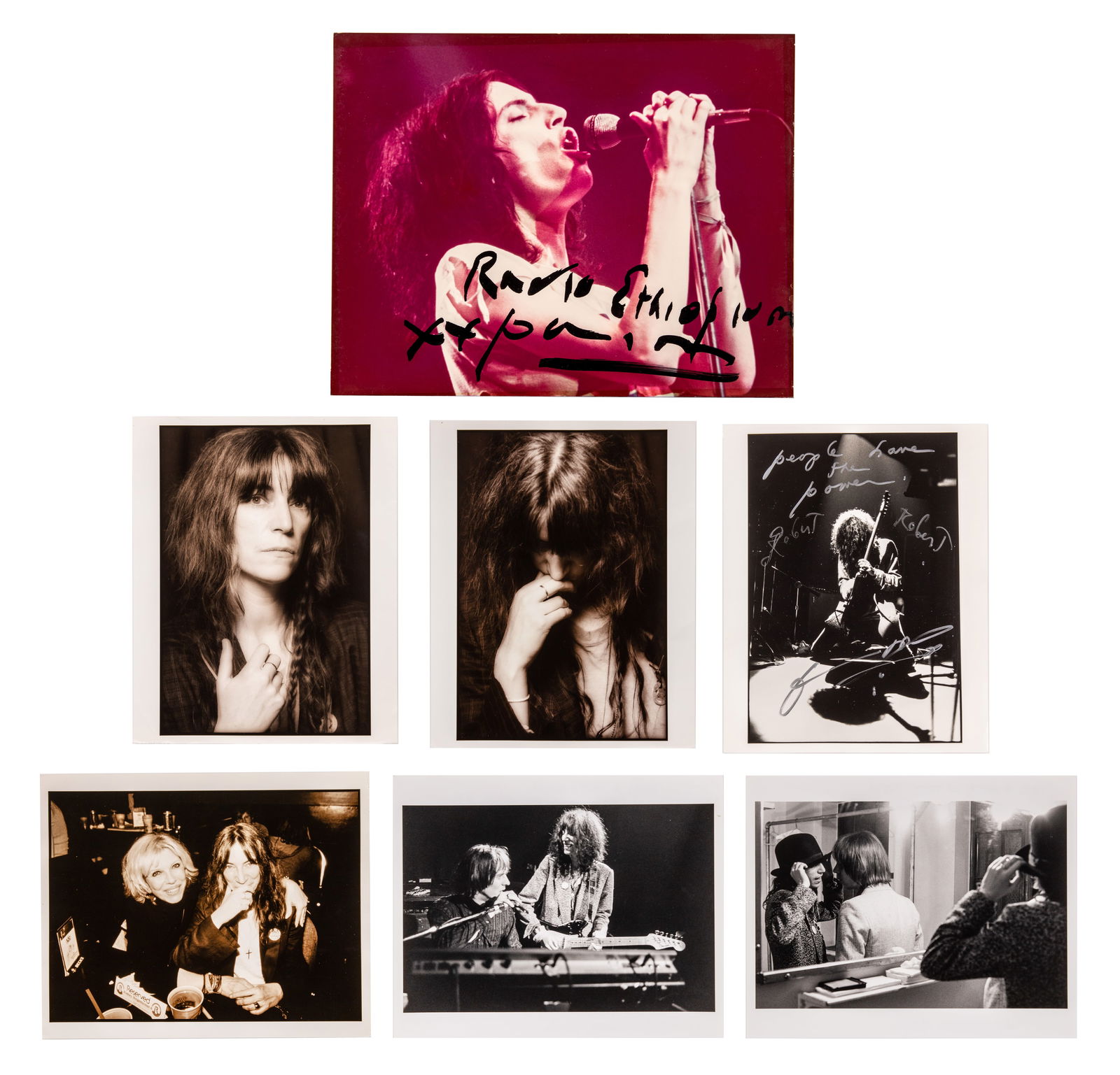 Robert Matheu (American, 1955-2018) Patti Smith Photograph Assortment: Robert Matheu (American, 1955-2018) Patti Smith Photograph Assortment (7) black and white / color photographs of Patti Smith performing and backstage, one in sleeve signed, one mounted on board having