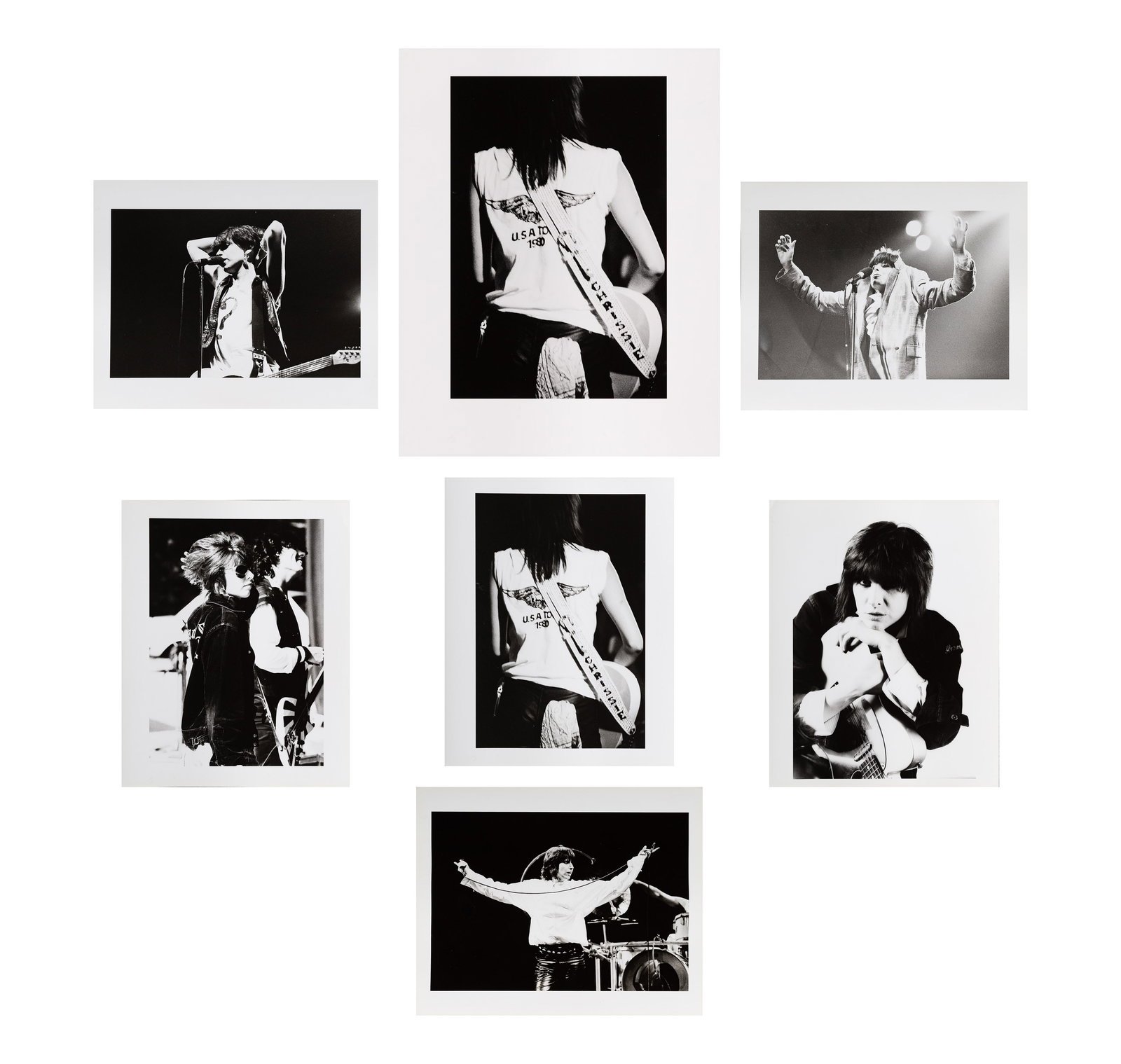 Robert Matheu (American, 1955-2018) Chrissie Hynde Photograph Assortment: Robert Matheu (American, 1955-2018) Chrissie Hynde Photograph Assortment (7) black and white performance and backstage images of Chrissie Hynde of the Pretenders on board, all having photographer anno