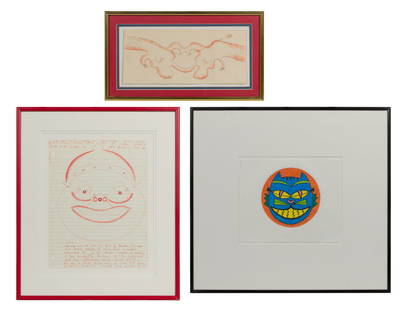 Karl Wirsum (American, 1939-2021) Drawing Assortment: Karl Wirsum (American, 1939-2021) Drawing Assortment (3) items including a signed Santa Claus on lined paper having a personal inscription, a brightly colored cat in a circle and an abstract
