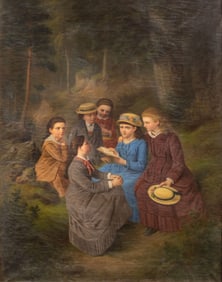 Attributed to Julia Caroline Hamann (Danish, 1842-1916) 'Girls Reading on a Picnic' Oil on Canvas