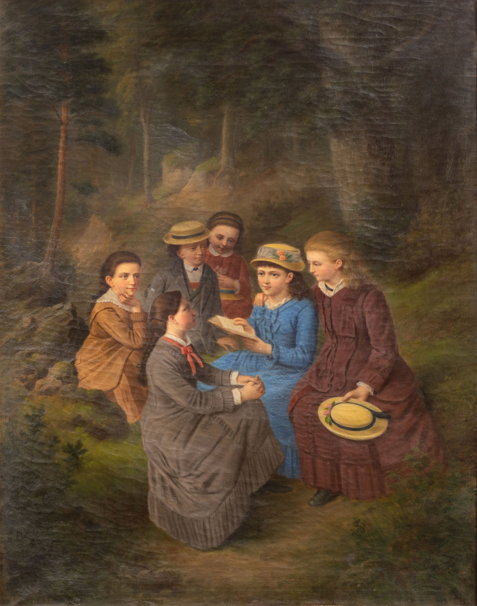 Attributed to Julia Caroline Hamann (Danish, 1842-1916) 'Girls Reading on a Picnic' Oil on Canvas: Attributed to Julia Caroline Hamann (Danish, 1842-1916) 'Girls Reading on a Picnic' Oil on Canvas Undated, unsigned, depicting young women sitting in the woods, listening to a story, in a gilt frame P