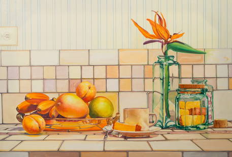 Gregory Johnson (American, b.1955) Oil on Canvas: Gregory Johnson (American, b.1955) Oil on Canvas 1991, signed lower right, depicting a still life, float mounted in a wood frame Property from: an Estate, Carol Stream, Illinois Height: 26