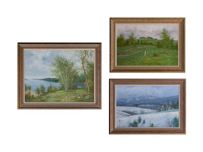 Hyun Bo Yoo (American / Korean, b.1946) Oil on Canvas Assortment: Hyun Bo Yoo (American / Korean, b.1946) Oil on Canvas Assortment (3) undated items, signed lower right, landscapes including a body of water having a wooded shore, a forest in winter and a