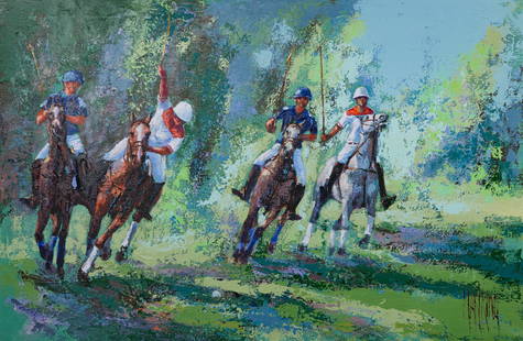 Mark King (American, 1931-2014) Oil on Canvas: Mark King (American, 1931-2014) Oil on Canvas Undated, signed lower right, depicting a polo match, in a linen lined wood frame Property from: a Private Collector, Inverness, Illinois Height: