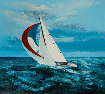 Mark King (American, 1931-2014) Oil on Canvas: Mark King (American, 1931-2014) Oil on Canvas Undated, signed lower left, depicting a sailboat on open water, in a silver-tone wood frame Property from: a Private Collector, Inverness, Illinois