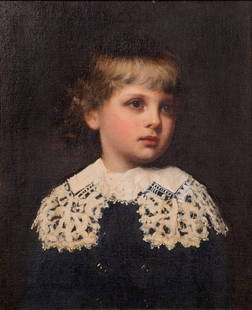 Edgar Parker (American, 1840-1892) Oil on Canvas: Edgar Parker (American, 1840-1892) Oil on Canvas 1884, signed upper left, portrait of a young child in a white lace collar, in a gold-tone gesso on wood frame Property from: a Private