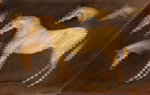 Attributed to Jose Tapiro (19th Century) Oil on Board: Attributed to Jose Tapiro (19th Century) Oil on Board Undated, faintly signed (possibly 'J. Tapiro') lower right, depicting a study of a white horse, framing annotations verso, in a gold-gilt frame Pr