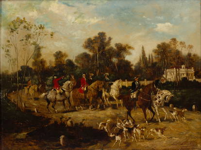 Jan Van Chelminski (Polish, 1851-1925) Oil on Panel: Jan Van Chelminski (Polish, 1851-1925) Oil on Panel Undated, signed lower right, 'Muchen' under signature, depicting a hunt scene, in a gold-tone gesso on wood frame Property from: a Private Collector