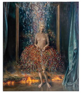 Julie Heffner (American, b.1956) 'Self Portrait as Woman Under Glass' Oil on Canvas: Julie Heffner (American, b.1956) 'Self Portrait as Woman Under Glass' Oil on Canvas 2004, signed and titled verso, depicting a full length portrait of a woman, unframed Property from: an Estate, Lake