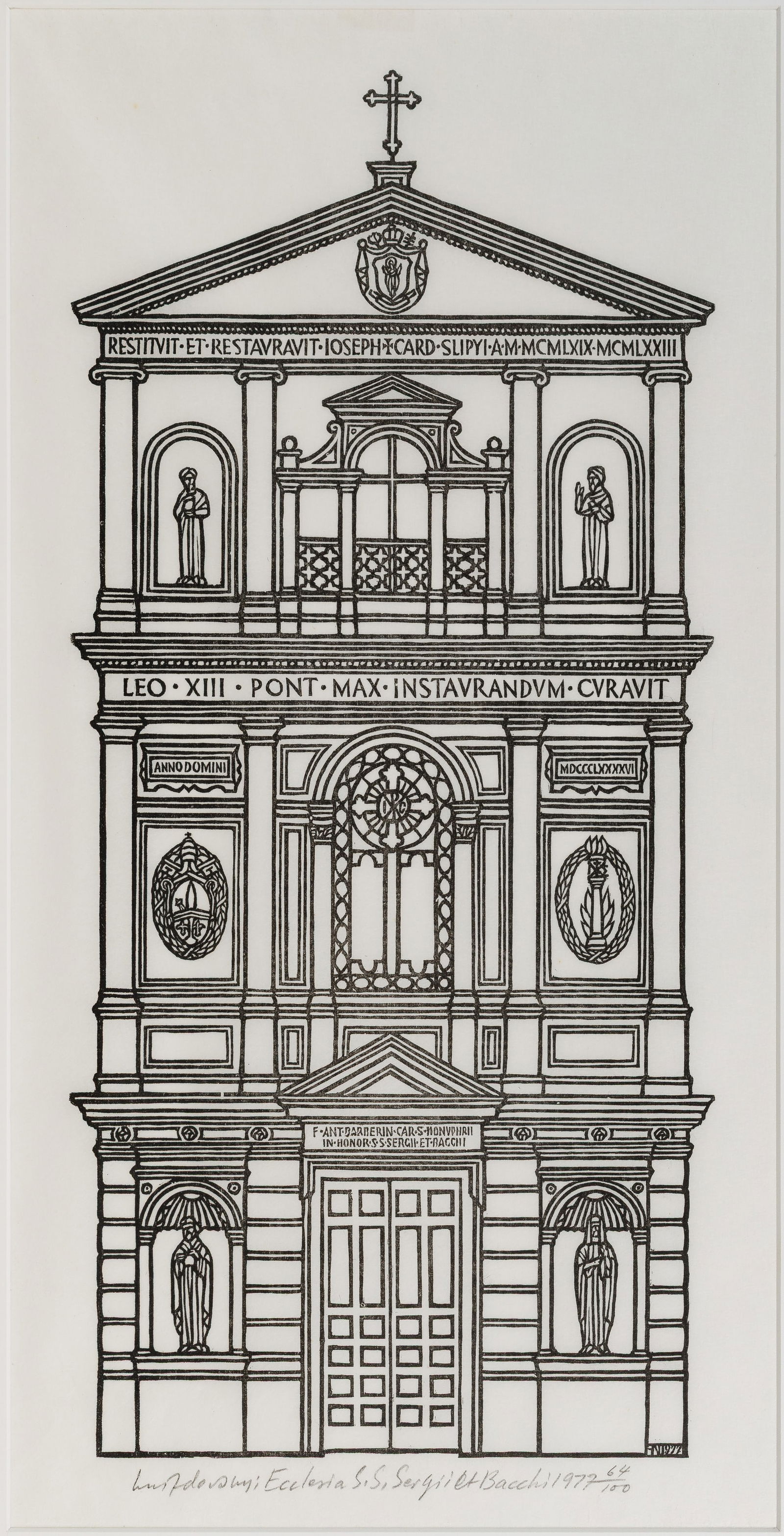 Jacques Hnizdovsky (Ukrainian / American, 1915-1985) 'Ecclesia S. S. Sergri et Bacchi' Woodcut: Jacques Hnizdovsky (Ukrainian / American, 1915-1985) 'Ecclesia S. S. Sergri et Bacchi' Woodcut 1977, pencil signed, titled and #64/100 center margin, woodcut of Church of Saints Sergius and Bacchus, m