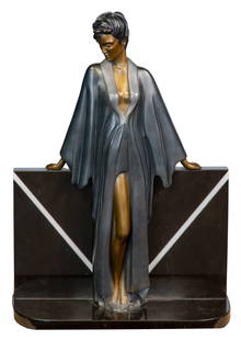 Patrick Nagel (American, 1945-1984) 'Standing Lady' Bronze Sculpture: Patrick Nagel (American, 1945-1984) 'Standing Lady' Bronze Sculpture 1984, stamp signed, #82/180 and marked 'Dumas Mirage Editions Inc.' lower right side, painted bronze and granite, a woman having he