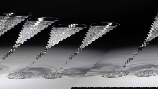 Baccarat Crystal Etampes Stemware Collection: Baccarat Crystal Etampes Stemware Collection (36) items including (9) goblets, (9) red wines, (9) white wines and (9) champagne coupes, having faint marks on underside, in Styrofoam packing boxes Prop