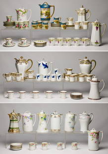 Nippon Chocolate Pot Assortment: Nippon Chocolate Pot Assortment Approximately (7) partial sets having hand painted pots, cups and saucers in various shapes, colors and designs, most having Nippon stamp on underside Property from: a