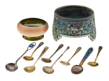 Russian Silver Salt Cellar and Spoon Assortment