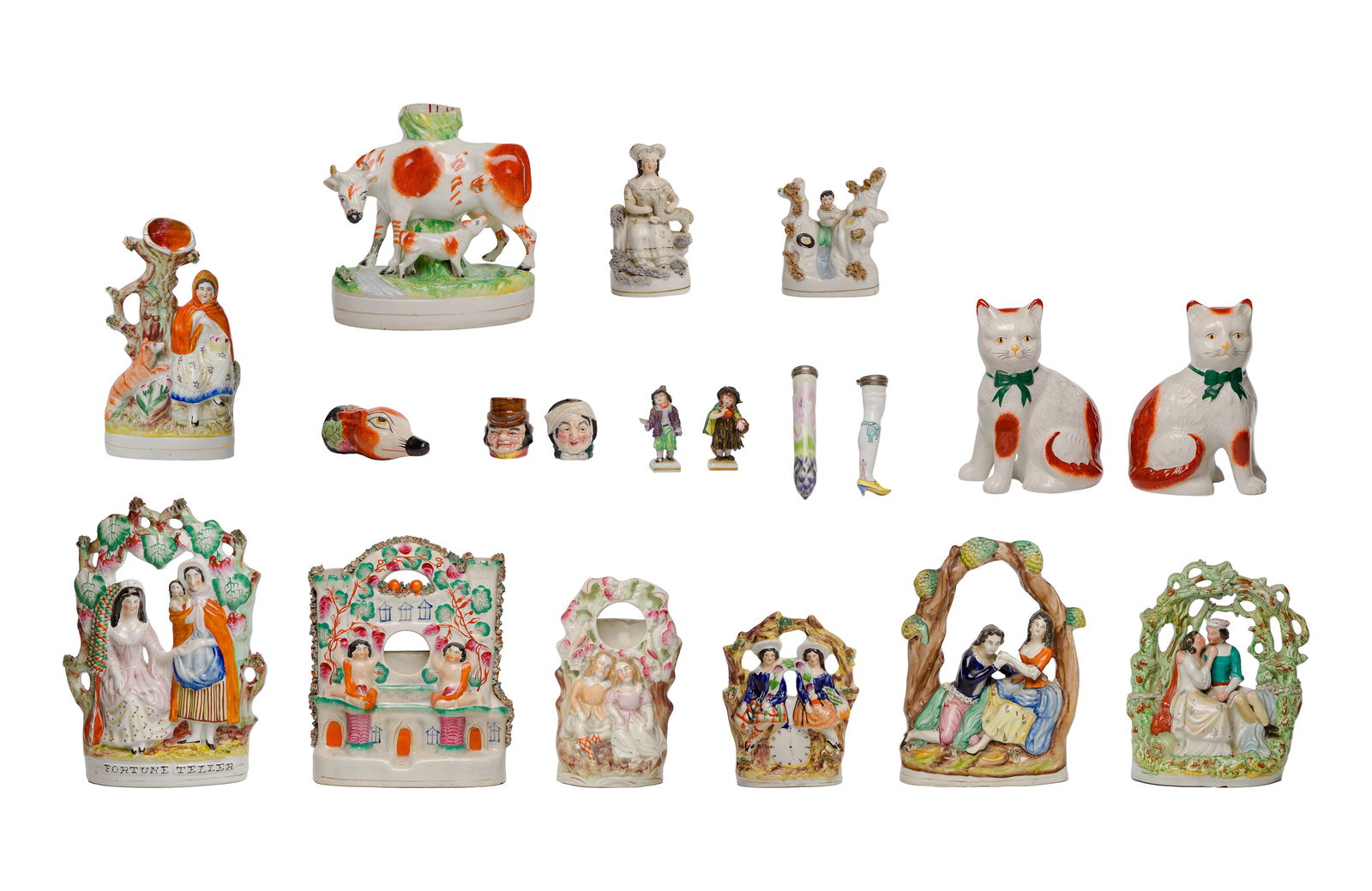 Porcelain Etuis and Staffordshire Style Ceramic Assortment: Porcelain Etuis and Staffordshire Style Ceramic Assortment (19) items including (2) porcelain and sterling silver etuis / needle cases, one being an asparagus having a painted bug on side, the other b
