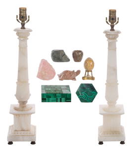 Stone Decorative Object Assortment: Stone Decorative Object Assortment (9) items including a pair of carved alabaster table lamps in a Corinthian column design on a stepped square base, a malachite cigarette box and coaster, a stone egg