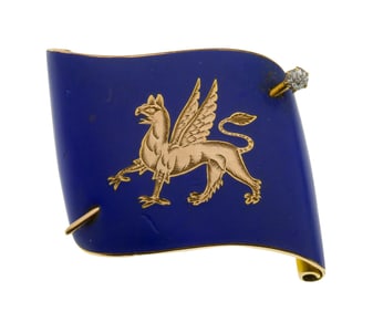 14k Yellow Gold, Enamel and Diamond Brooch