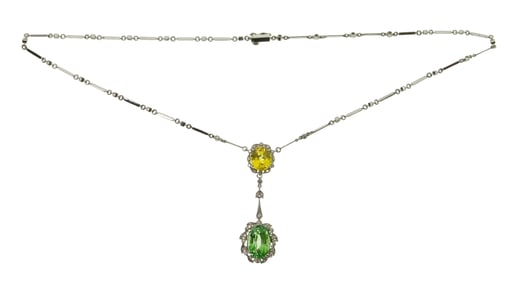 18k White Gold, Green Garnet, Yellow Sapphire and Diamond Necklace