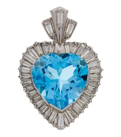 14k White Gold, Blue Topaz and Diamond Pendant